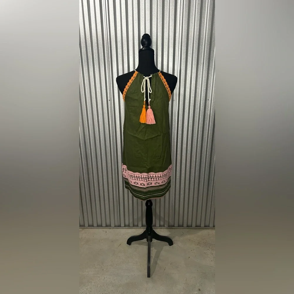 Women’s Raffaela D’Angelo Green Linen Floral Tassel Rope Tunic Dress Size Small - Picture 2 of 7